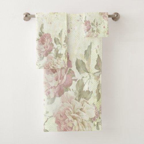Shabby Chic Pink and Green Rose Floral  Bath Towel Set