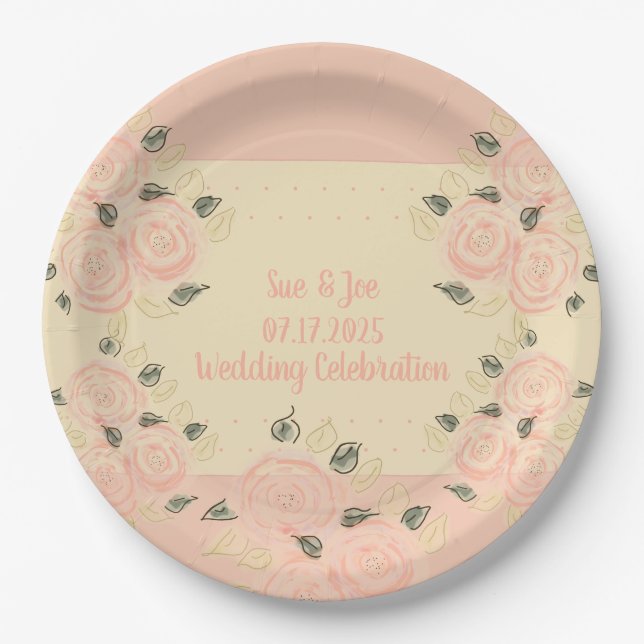 Shabby Chic Pink and Peach With Cream Paper Plates (Front)
