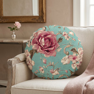 Shabby Chic Pink and White Florals on Teal Round Pillow