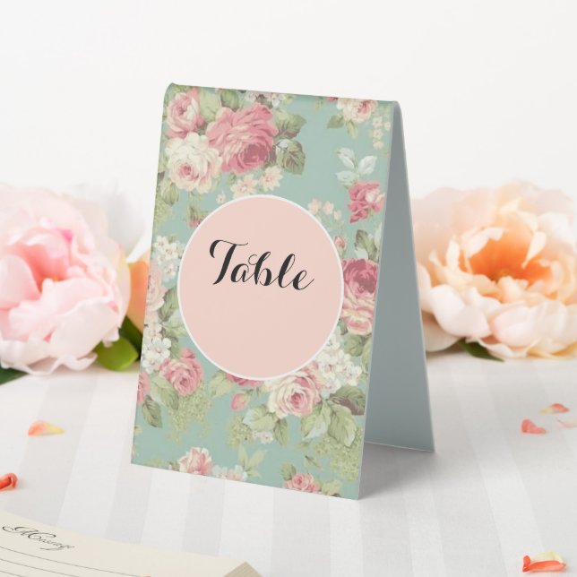 Shabby chic pink and white roses on aqua table tent (In SItu (Wedding))