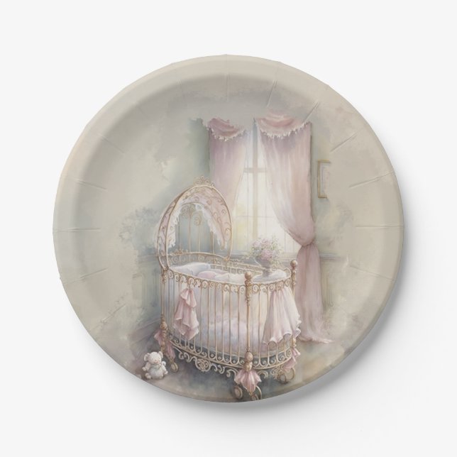 Shabby Chic pink baby crib Paper Plates (Front)