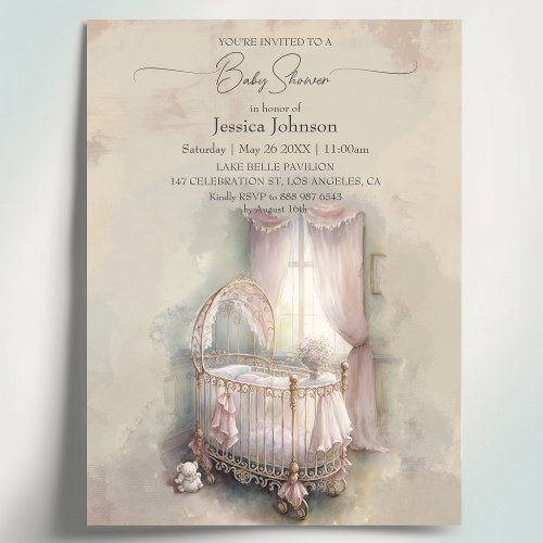 Shabby Chic pink baby cribBaby Shower Invitation