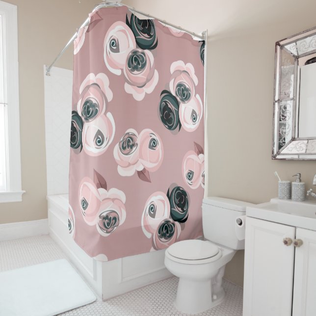 Shabby Chic Pink & Black Roses Elegant Shower Curtain (In Situ)