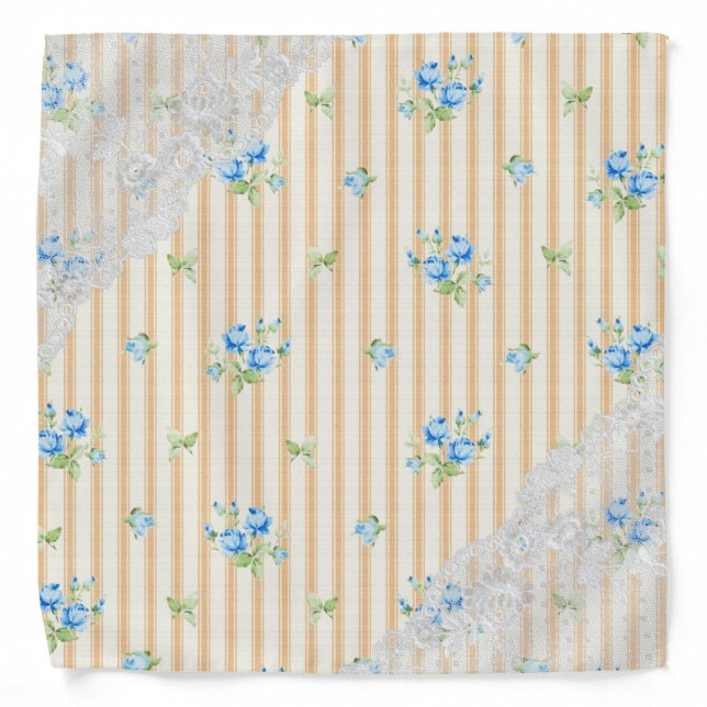 Shabby & Chic Pink & Blue Floral Lace Pattern Bandana (Front)