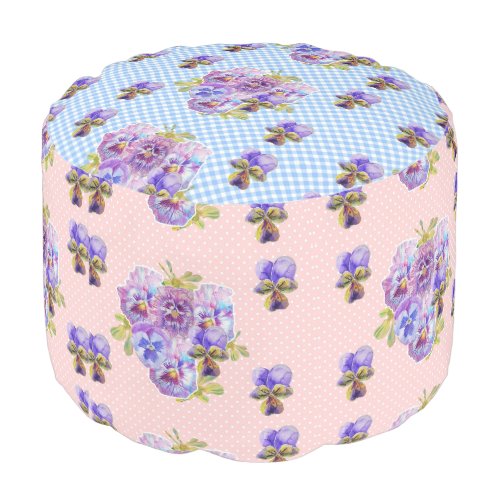 Shabby Chic Pink Blue Patch Floral Flowers Pouffe Pouf