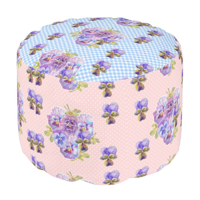Shabby Chic Pink Blue Patch Floral Flowers Pouffe Pouf (Angled Back)