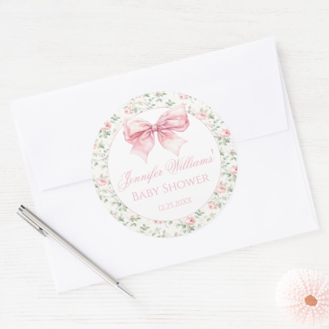 Shabby chic pink bow baby shower thank you sticker (Envelope)