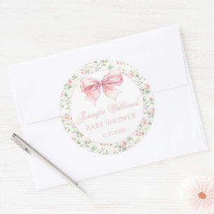 Shabby chic pink bow baby shower thank you sticker
