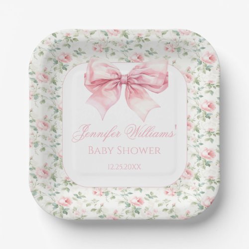 Shabby chic pink bow floral baby girl shower paper plates