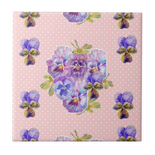 Shabby Chic Pink dot Pansy art floral Ceramic Tile