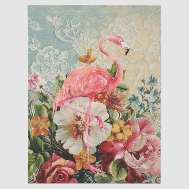 Shabby Chic Pink Flamingo Floral Decoupage  Tissue Paper (Front)