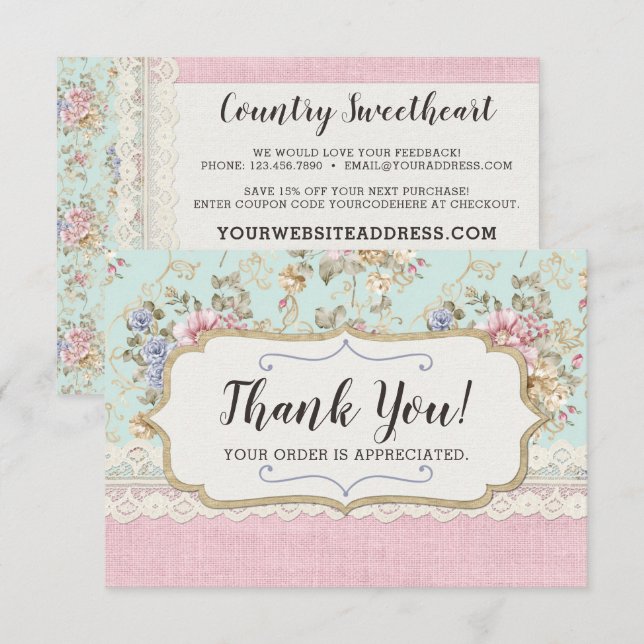 Shabby Chic Pink Floral Boutique Thank You Card (Front/Back)