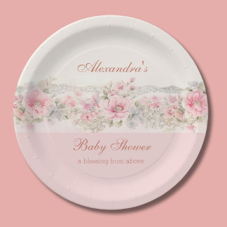 Shabby Chic Pink Floral Christian Baby Shower Paper Plates
