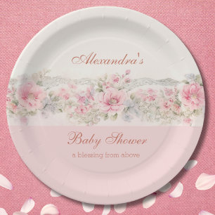 Shabby Chic Pink Floral Christian Baby Shower Paper Plates
