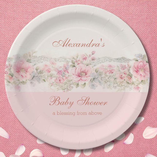 Shabby Chic Pink Floral Christian Baby Shower Paper Plates (Creator Uploaded)