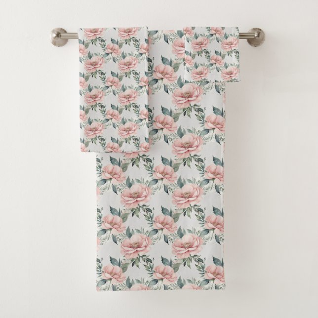 Shabby Chic Pink Floral Flowers Botanical Bath Towel Set (Insitu)