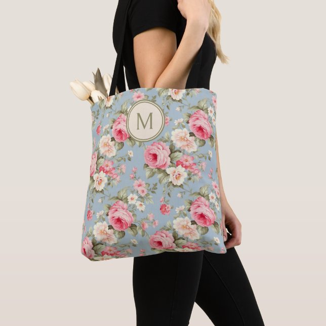 Shabby Chic Pink Floral Monogram Tote Bag (Close Up)