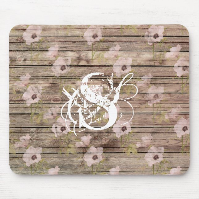 Shabby Chic Pink Floral Pattern Wood Monogram Mouse Pad (Front)