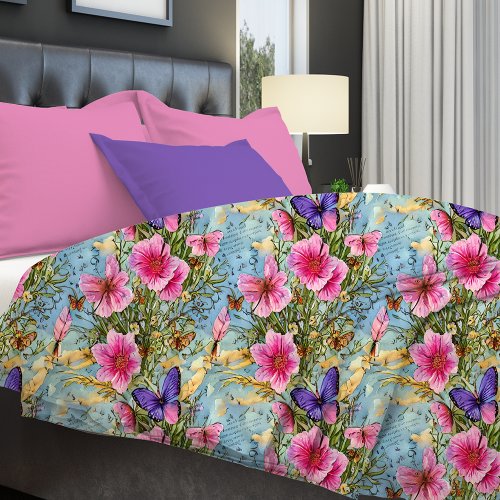 Shabby Chic Pink Flower and Purple Butterfly Duvet Cover