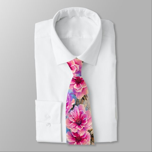 Shabby Chic Pink Flowers Floral Pattern Blue Back Neck Tie