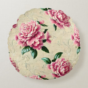 Shabby Chic Pink Gardenias Round Pillow
