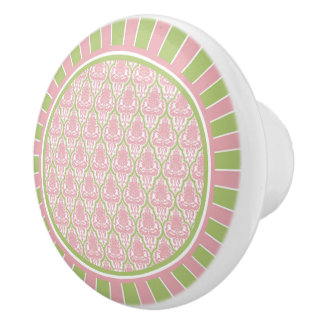 Shabby Chic Pink & Green Damask Ceramic Knob