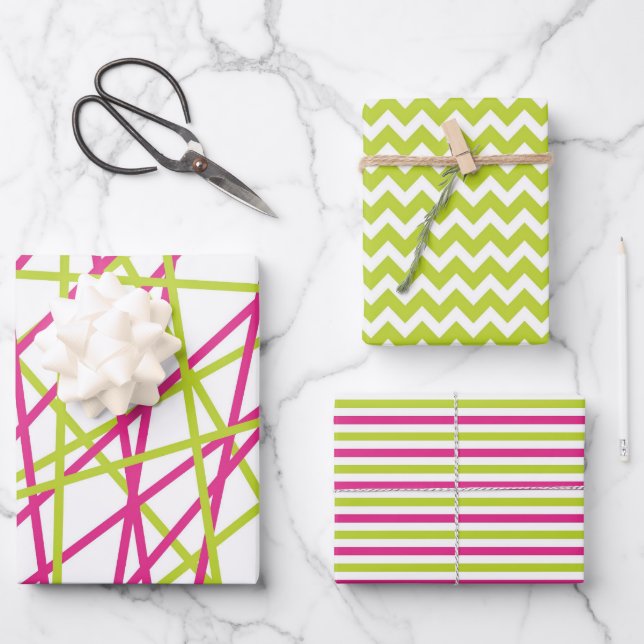 Shabby Chic Pink & Green Matching Patterns Wrapping Paper Sheets (Front)