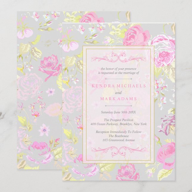 Shabby Chic, Pink & Grey Wedding Invitations (Front/Back)