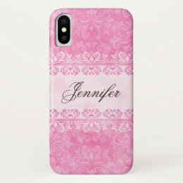 Shabby chic pink lace damask with custom name iPhone x case