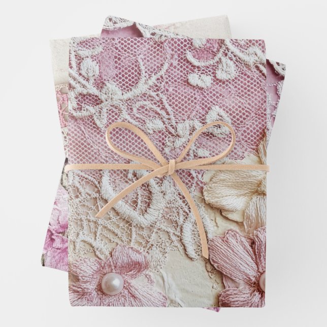 Shabby Chic Pink Lace  Wrapping Paper Sheets (In situ)