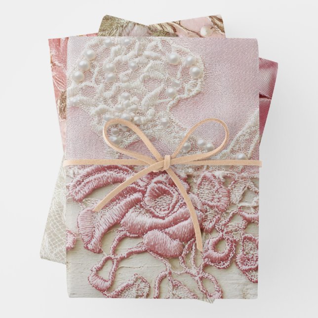 Shabby Chic Pink Lace  Wrapping Paper Sheets (In situ)