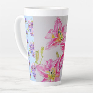 Shabby Chic pink Lily Floral Flowers Blue Spot Latte Mug