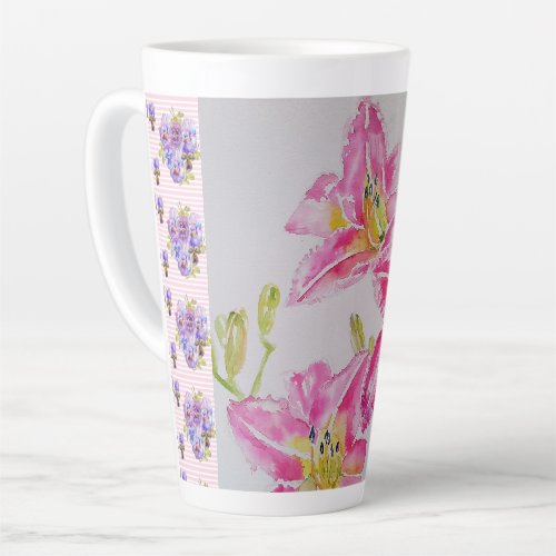 Shabby Chic pink Lily Floral Flowers Blue Spot Latte Mug