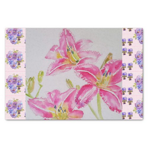 Shabby Chic pink Lily Floral Flowers Blue Spot Tissue Paper