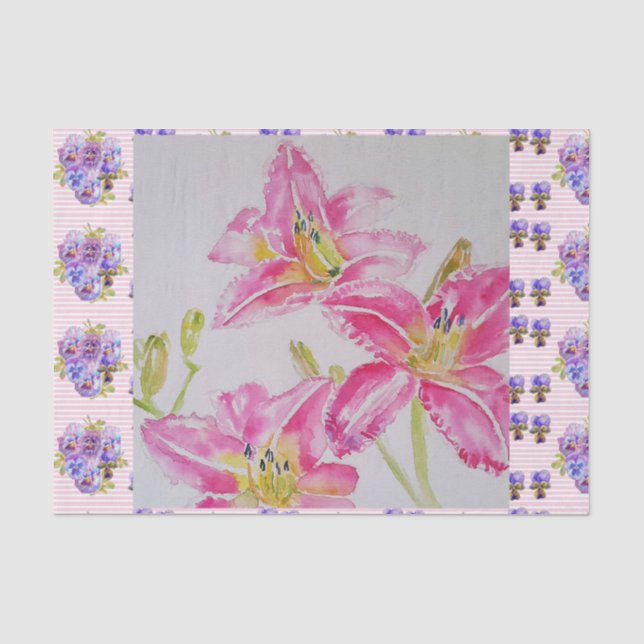 Shabby Chic pink Lily Floral Flowers Blue Spot Tissue Paper (Front)