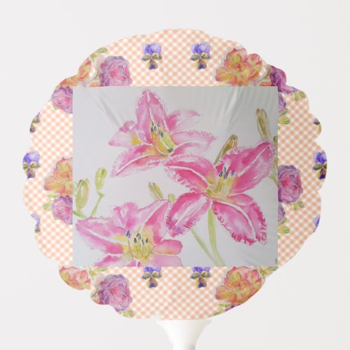 Shabby Chic pink Lily Floral Flowers Gingham Roses Balloon