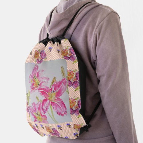 Shabby Chic pink Lily Floral Flowers Gingham Roses Drawstring Bag