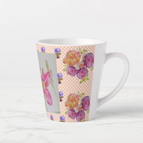 Shabby Chic pink Lily Floral Flowers Gingham Roses Latte Mug