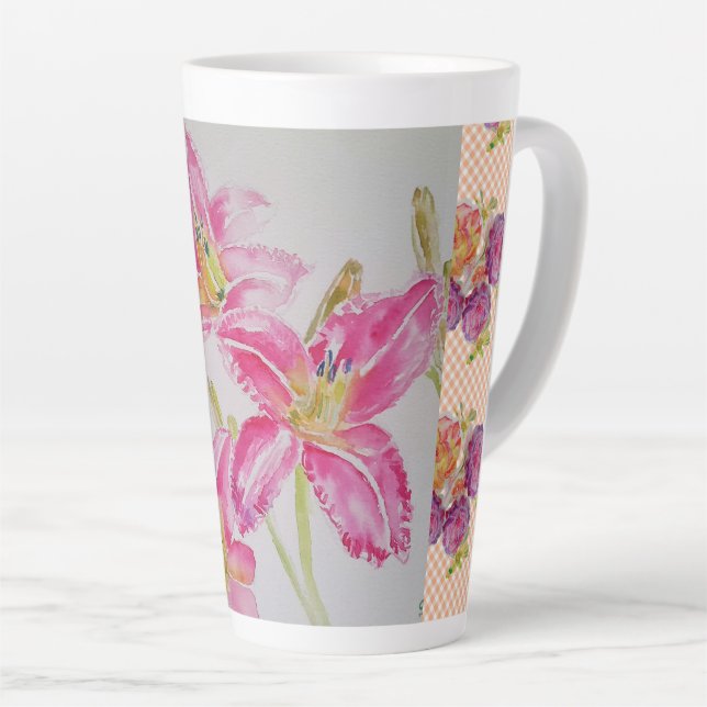 Shabby Chic pink Lily Floral Flowers Gingham Roses Latte Mug (Right Angle)