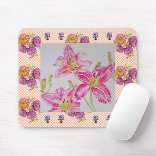 Shabby Chic pink Lily Floral Flowers Gingham Roses Mouse Pad