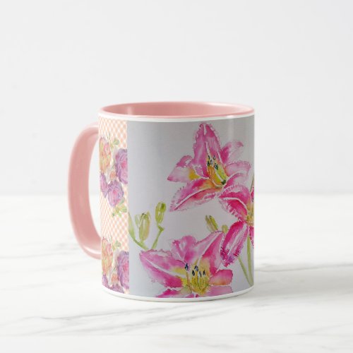 Shabby Chic pink Lily Floral Flowers Gingham Roses Mug
