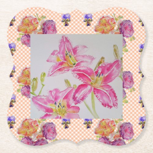 Shabby Chic pink Lily Floral Flowers Gingham Roses Paper Coaster