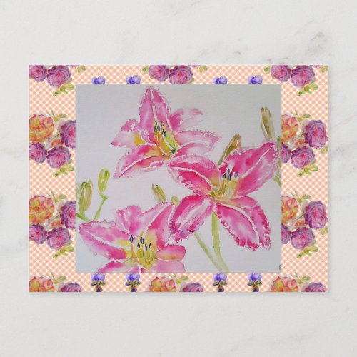 Shabby Chic pink Lily Floral Flowers Gingham Roses Postcard