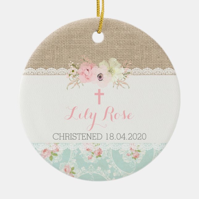 Shabby Chic Pink, Mint, Lace & Burlap Religious Ceramic Ornament (Front)