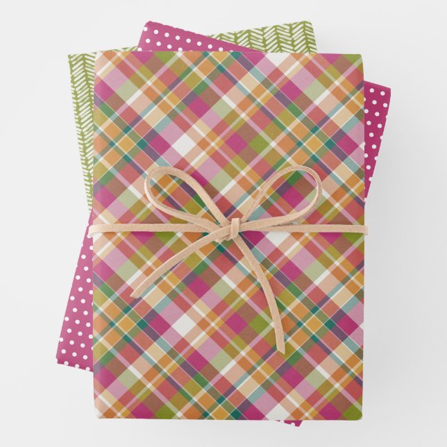 Shabby Chic Pink Orange Teal Green White Gingham Wrapping Paper Sheets (In situ)