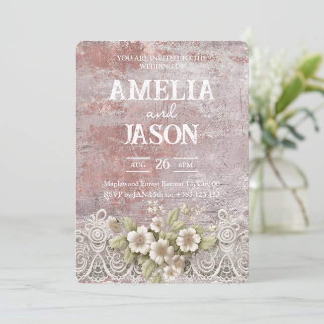 Shabby Chic Pink Paint Lace Wedding Invitation  (Standing Front)