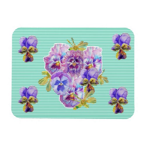 Shabby Chic Pink Pansy Floral Aqua Stripe Magnet