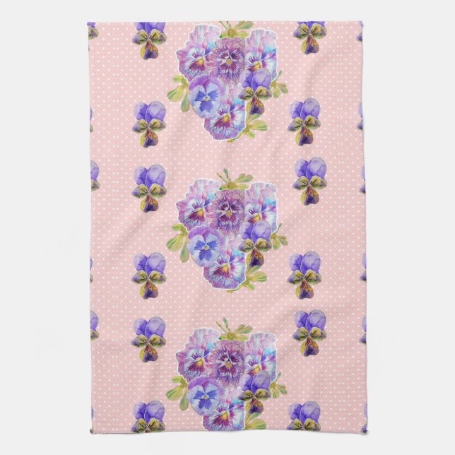 Shabby Chic Pink Pansy Floral Kitchen Tea Towel (Vertical)