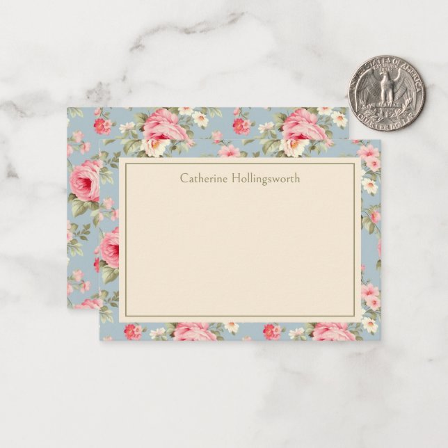 Shabby Chic Pink Peony Floral Personalized Note Card (Front/Back In Situ)