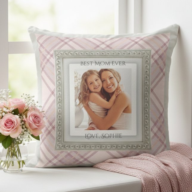 Shabby Chic Pink Plaid Best Mom Ever Photo Throw Pillow (Gift Mom a hug she can keep forever with a shabby chic photo keepsake pillow)